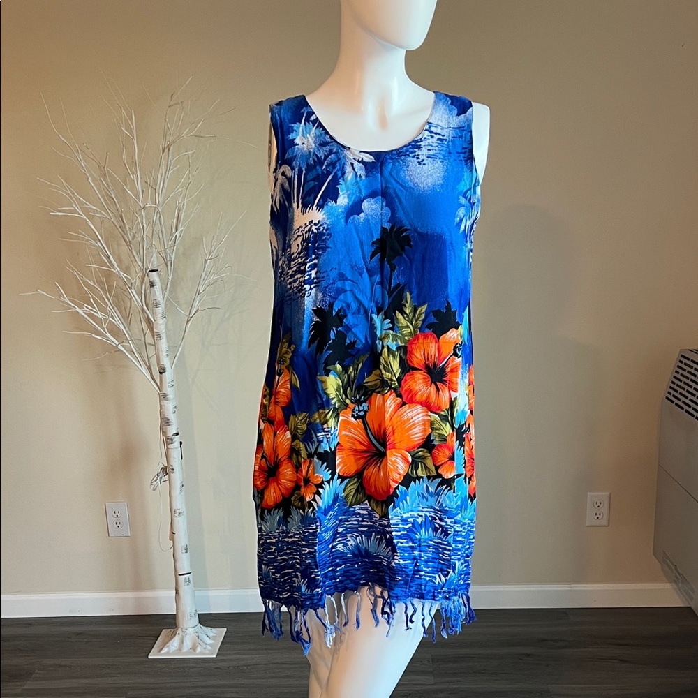 Vintage Hawaiin Dress Surface Sleeveless Tropical Shift Dress Coverup w/ Fringe